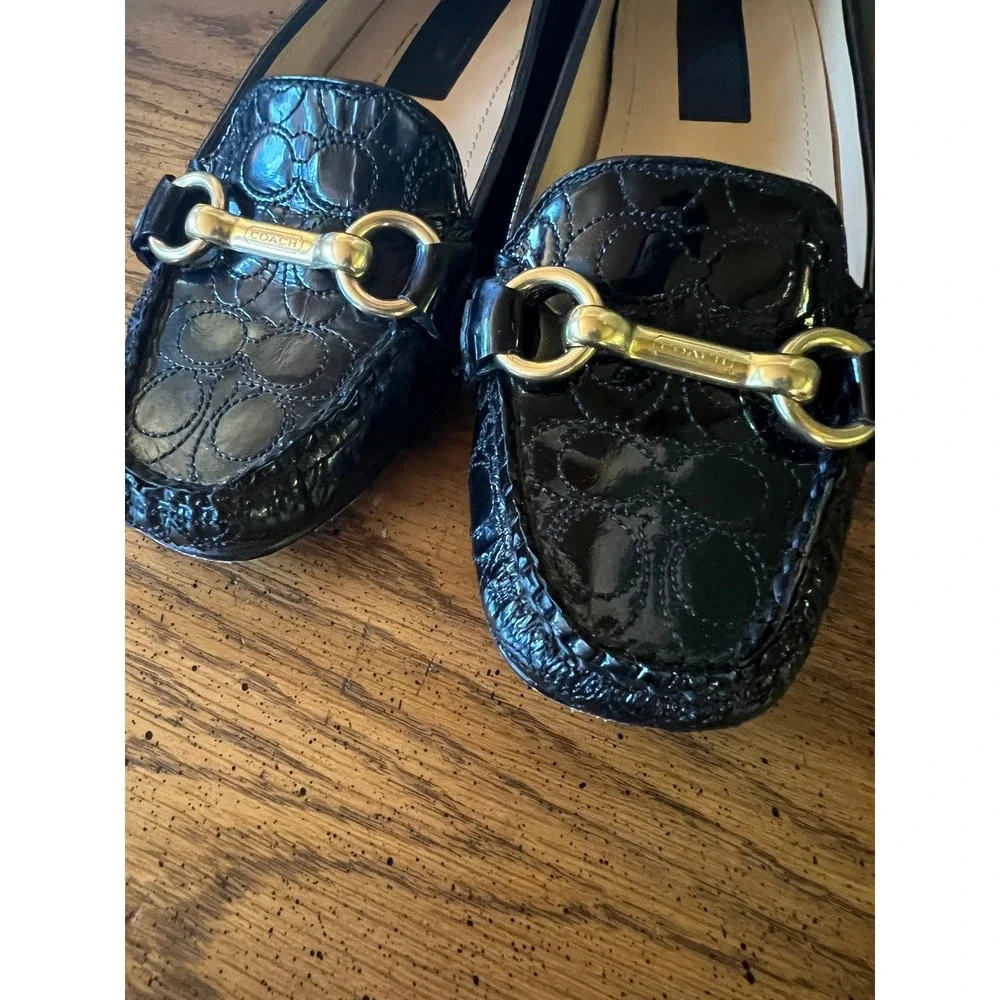 Coach Eve Black Patent Leather Signature Logo Preppy Horsebit Loafers Womens 5B